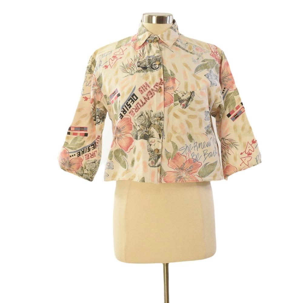 80s Vintage Graphic Print A Line Crop Top Womens M Novelty Boho Bell Sleeve Top